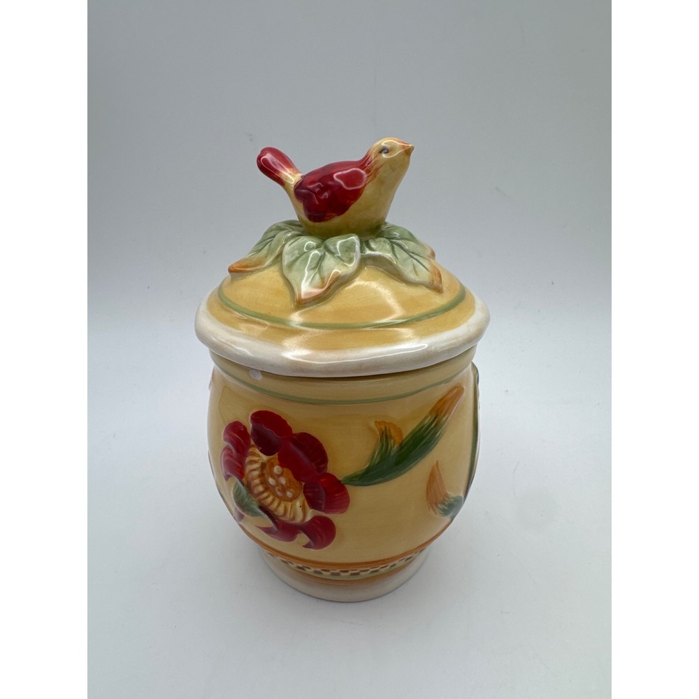 Fitz & Floyd Bellacara Sugar Bowl or Condiment Jar w Bird Lid Yellow HTF